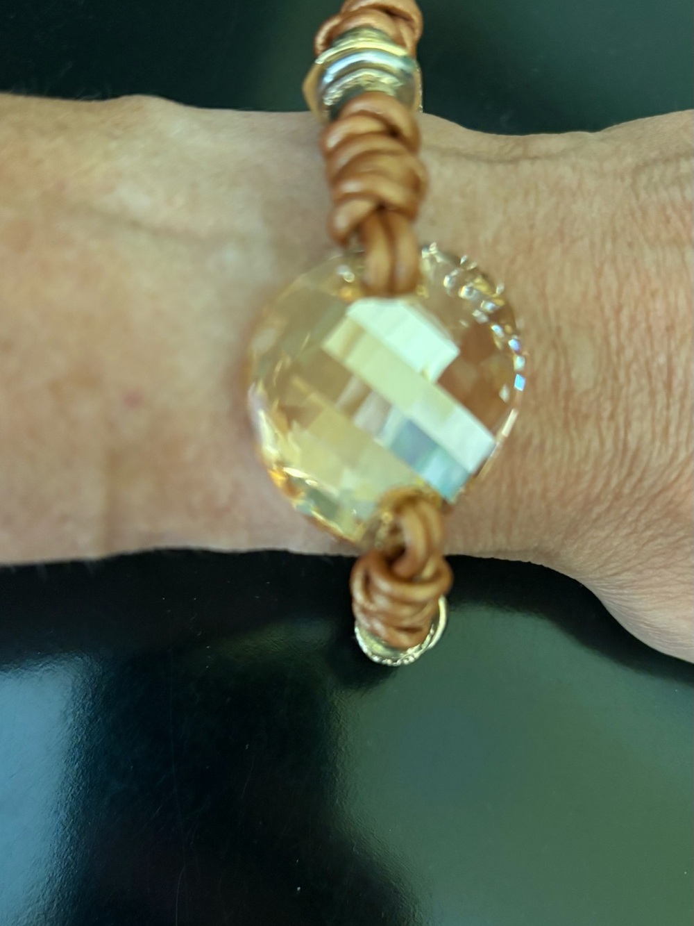 Tan Leather Bracelet with Faceted Amber Crystal - small wrist